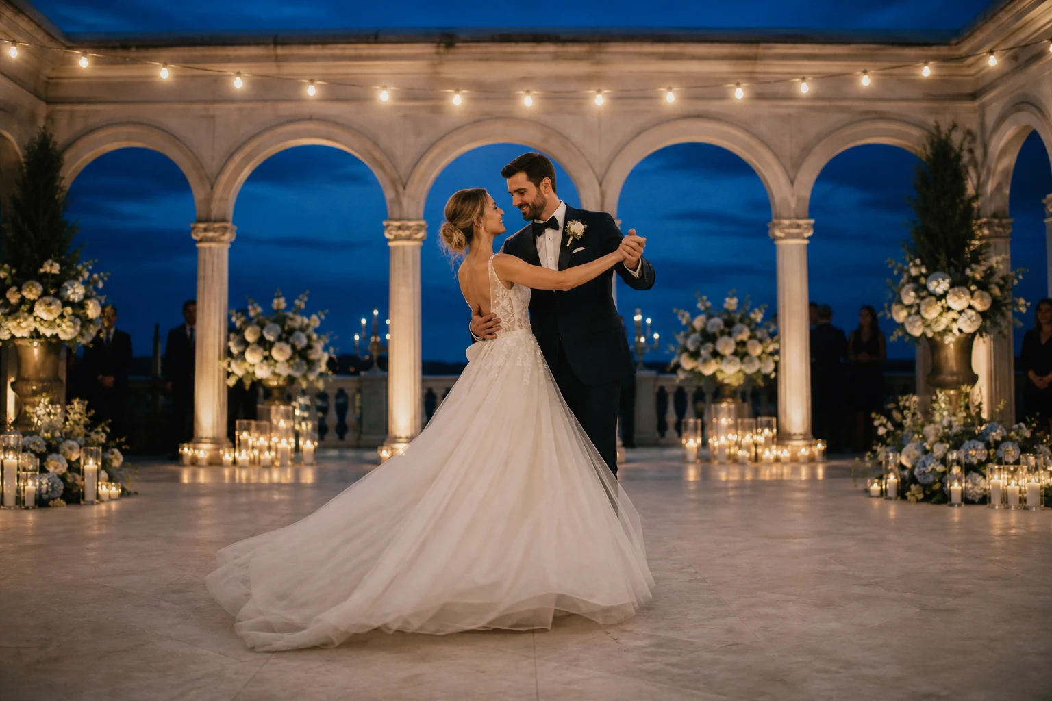 Newlyweds dancing beneath warm lights in an airy blue-and-white pavilion