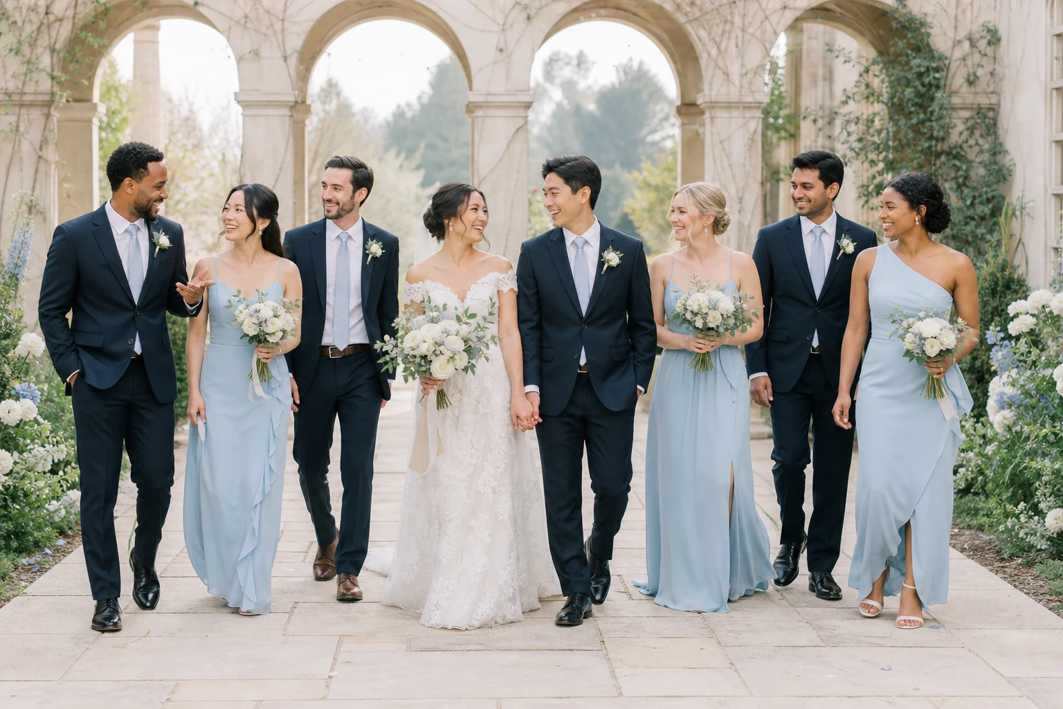 Wedding party in powder-blue, navy, and ivory attire walking through a bright garden