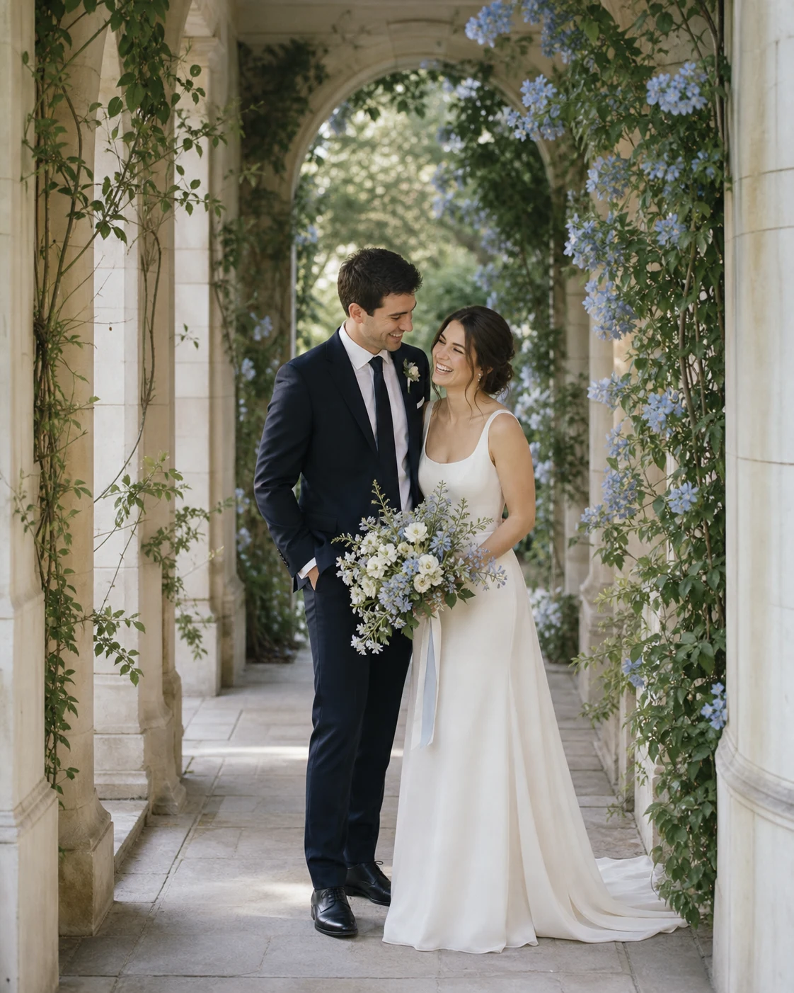 Newlywed couple smiling beneath a vine-covered stone arch with white and powder-blue flowers