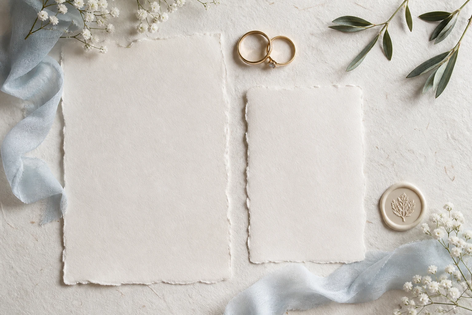 Gold wedding rings above blank deckled ivory stationery with pale-blue silk and greenery