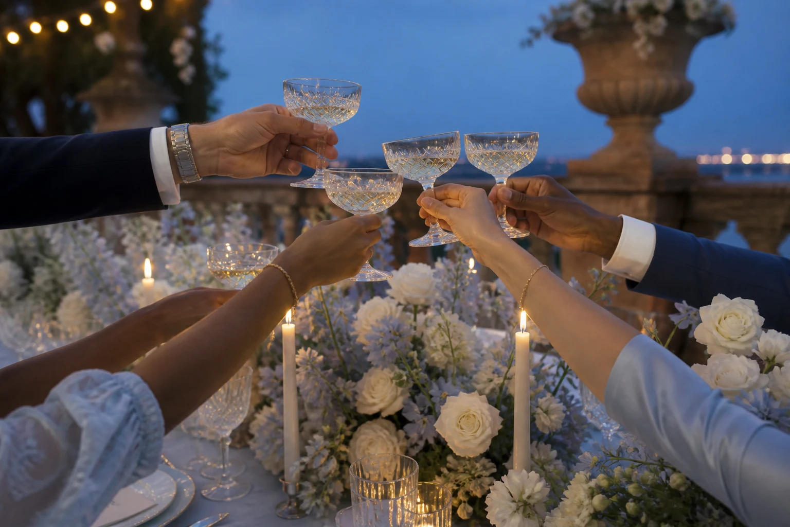 Wedding guests raising champagne glasses above a blue-and-ivory garden table at sunset