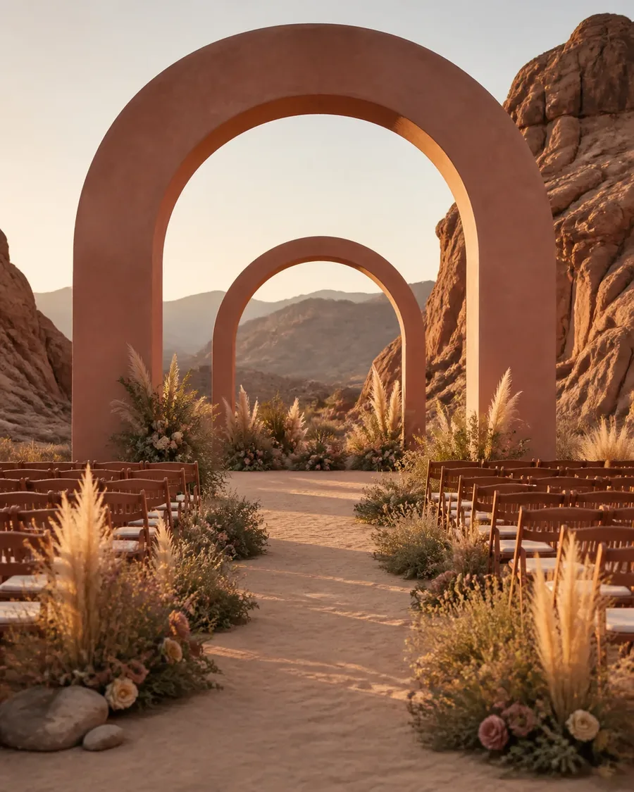 Terracotta wedding arches and rows of chairs prepared for a golden-hour desert ceremony