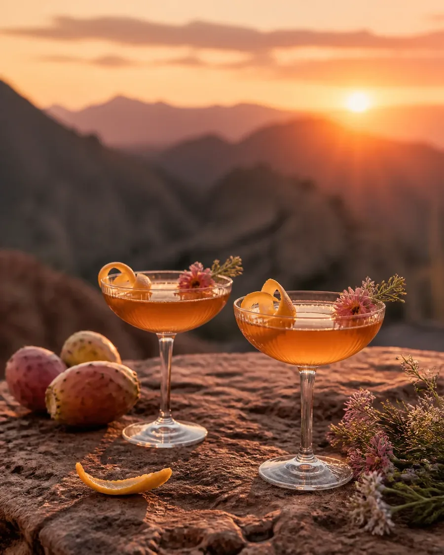 Two amber cocktails with citrus and desert flowers on a sandstone ledge at sunset