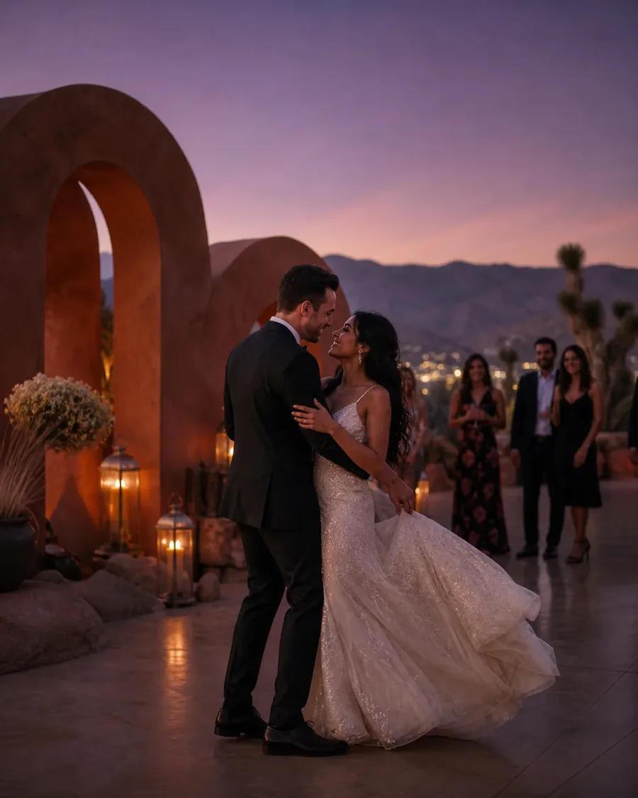 Newlyweds dancing beside terracotta arches and lanterns at desert twilight