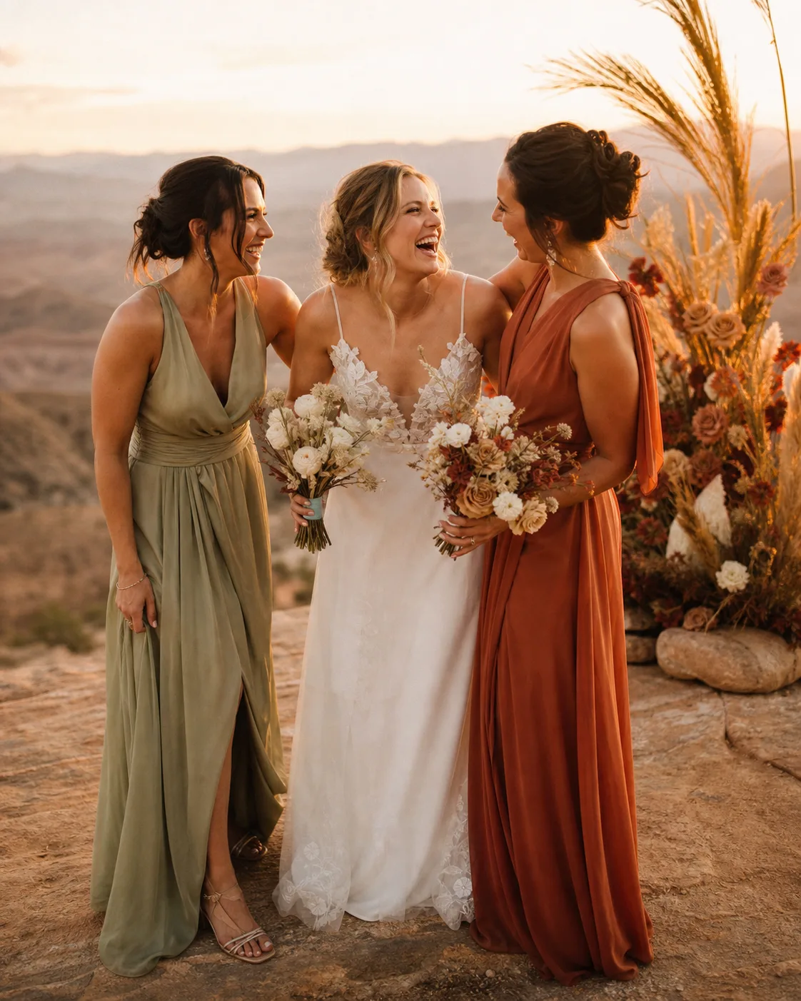 Bride laughing with two friends during golden hour in the desert
