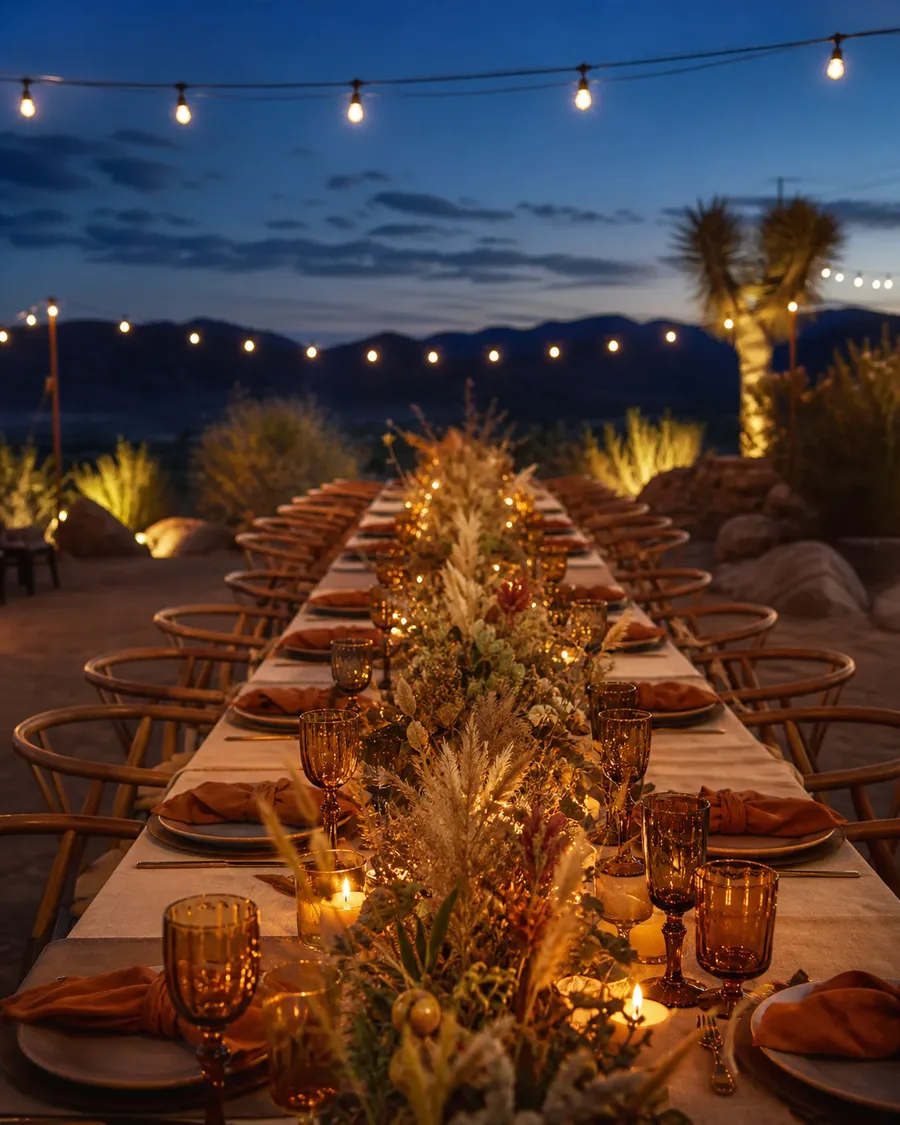 Long desert reception table with amber glassware, dried florals, candles, and string lights