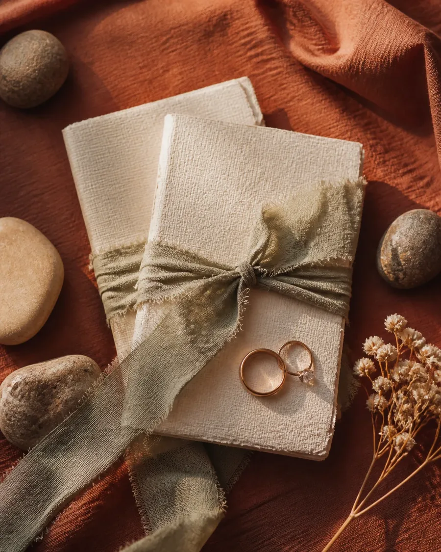 Wedding rings and ivory vow books tied with sage ribbon on rust linen and desert stones