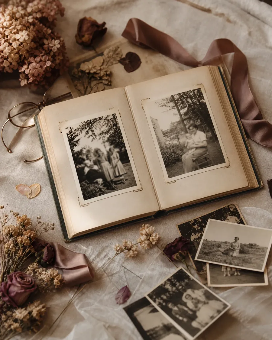 Vintage family photo album with old snapshots, reading glasses, ribbon, and pressed flowers