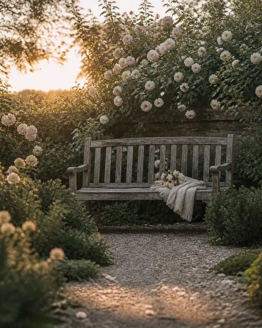 Weathered garden bench beneath pale roses with a folded cardigan and bouquet at sunrise