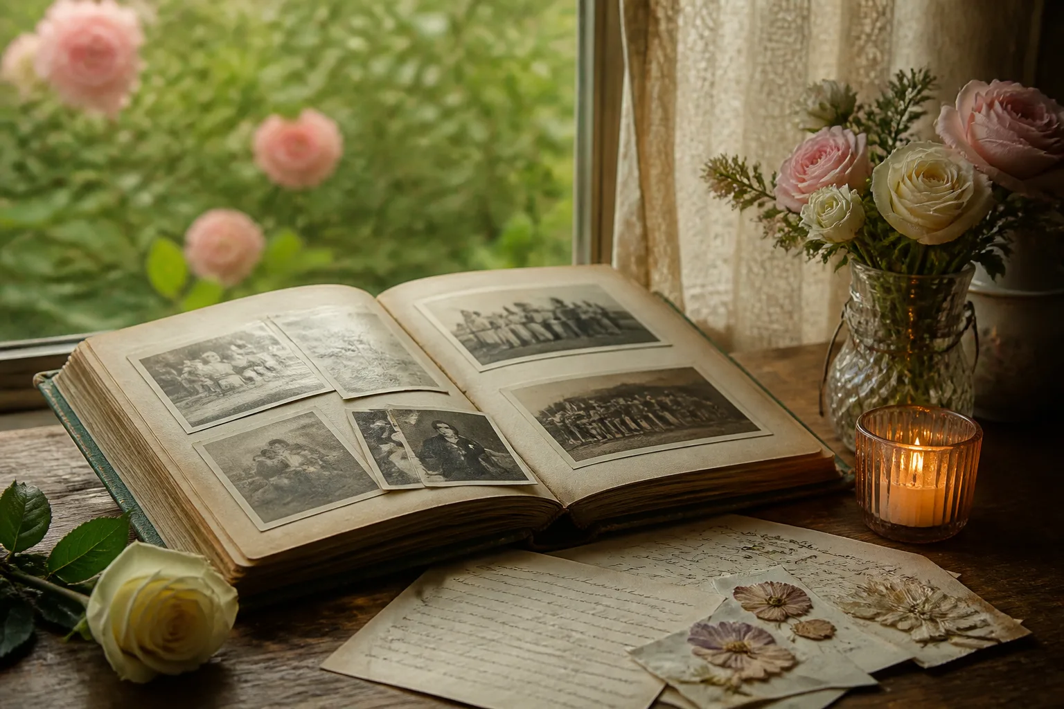 Heirloom family album, letters, roses, and a remembrance candle beside a garden window