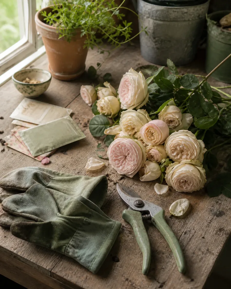 Well-loved gardening gloves, pruning shears, and fresh pale roses on an old potting bench