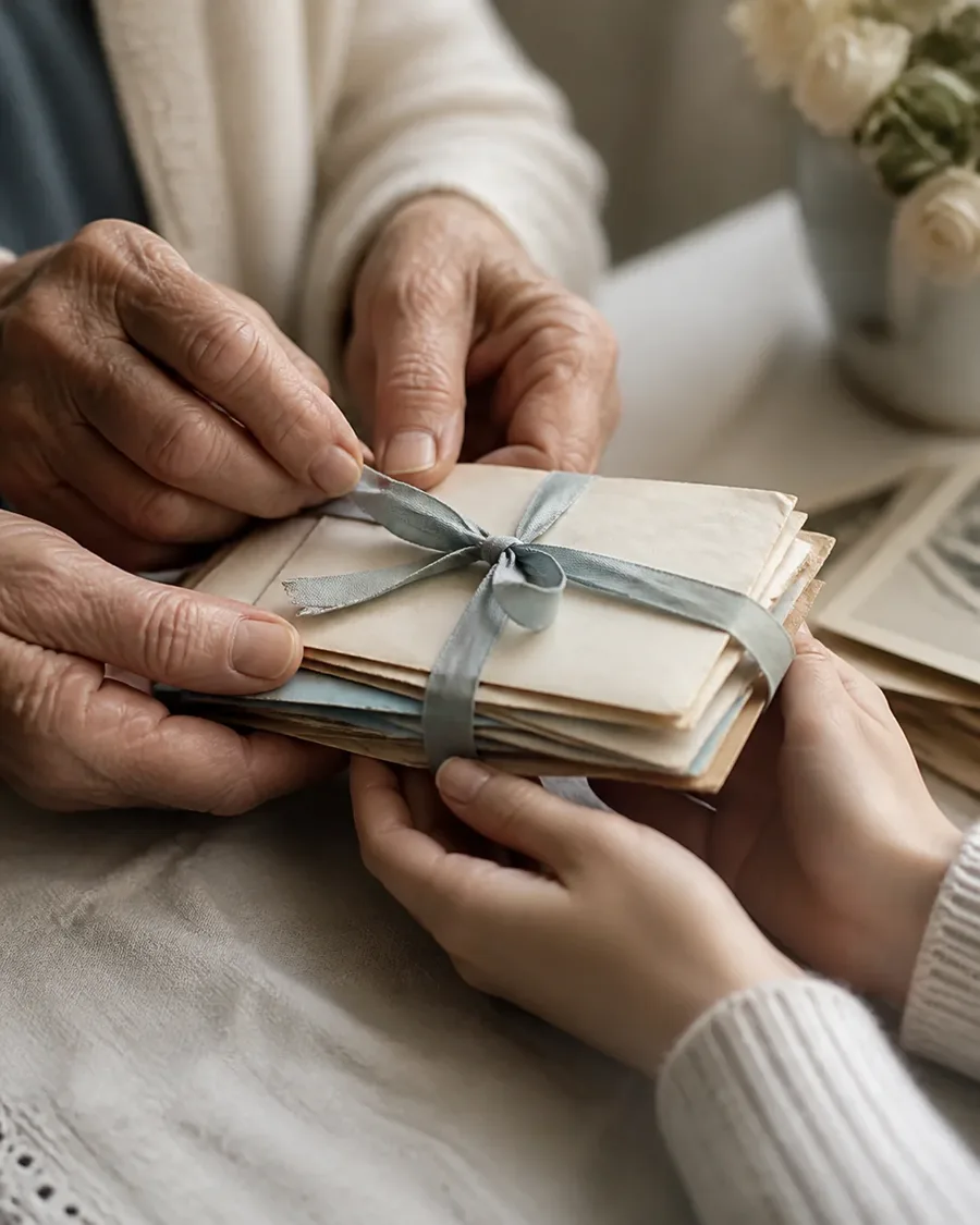 Older and younger hands gently sorting old letters tied with faded blue ribbon