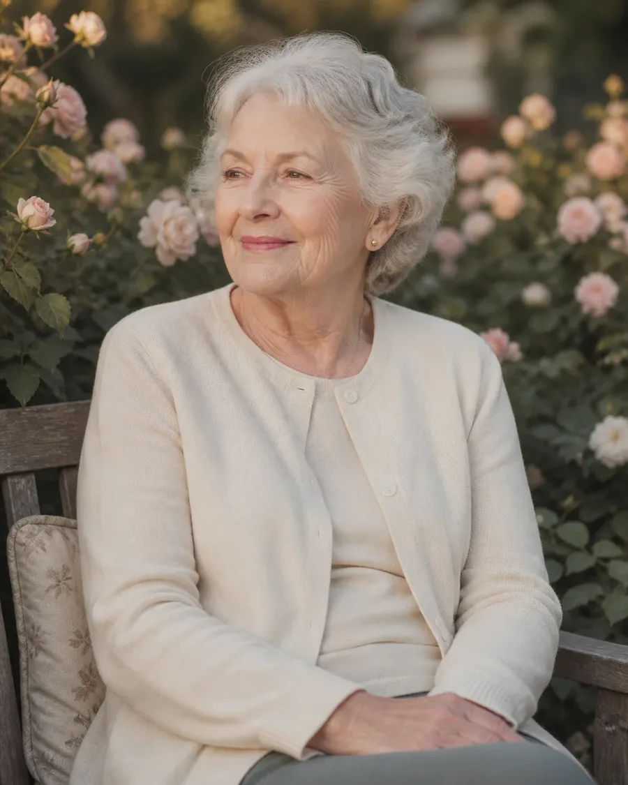 Warm portrait of an older woman seated among pale garden roses in late-afternoon light
