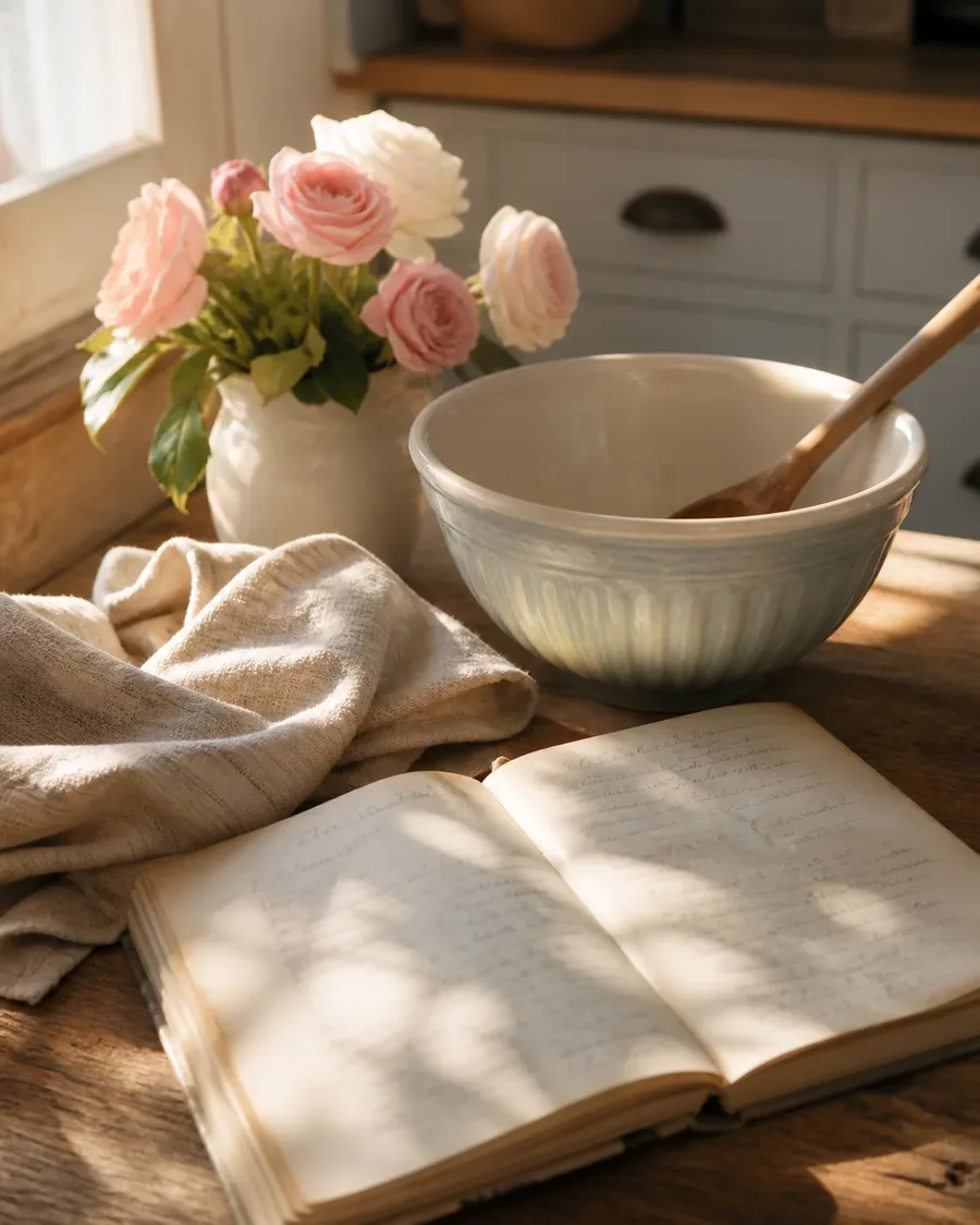 Family recipe notebook, ceramic mixing bowl, linen towel, and garden roses on a sunlit table