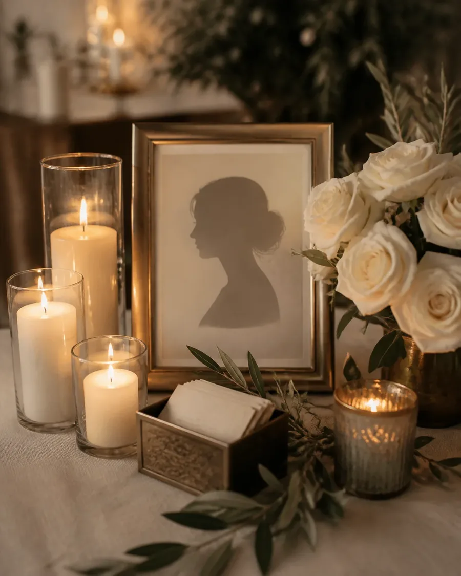Tasteful remembrance table with a framed silhouette, ivory candles, white roses, and olive branches