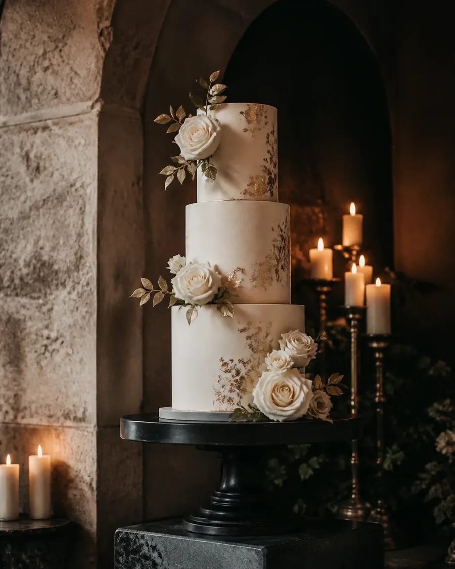 Ivory wedding cake with antique gold leaf and white roses on a black pedestal