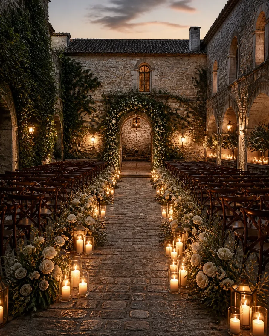Historic stone courtyard prepared with ivory roses, dark chairs, and a candlelit wedding aisle