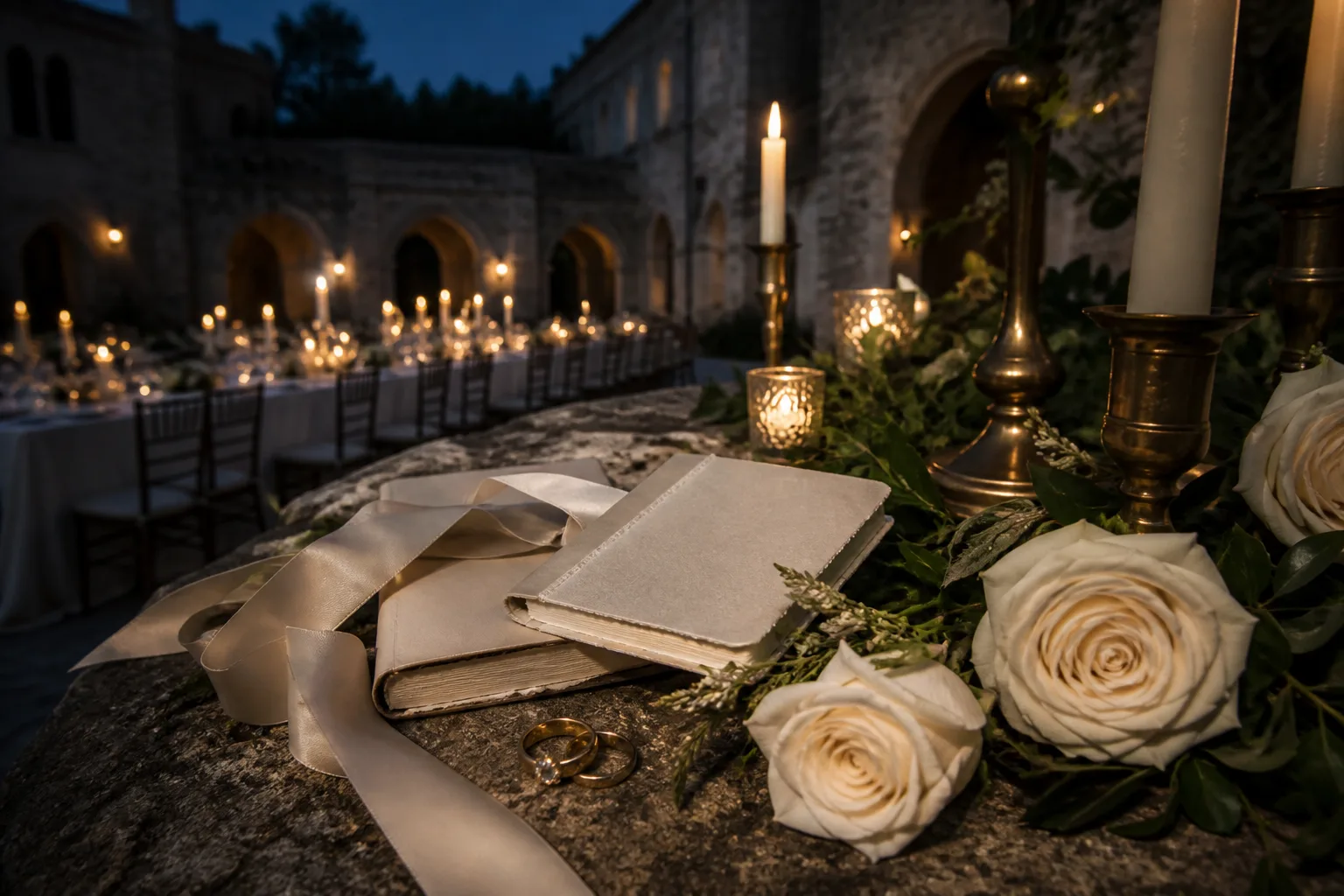 Wedding rings, ivory vow books, white roses, and antique brass candles in a stone courtyard at dusk