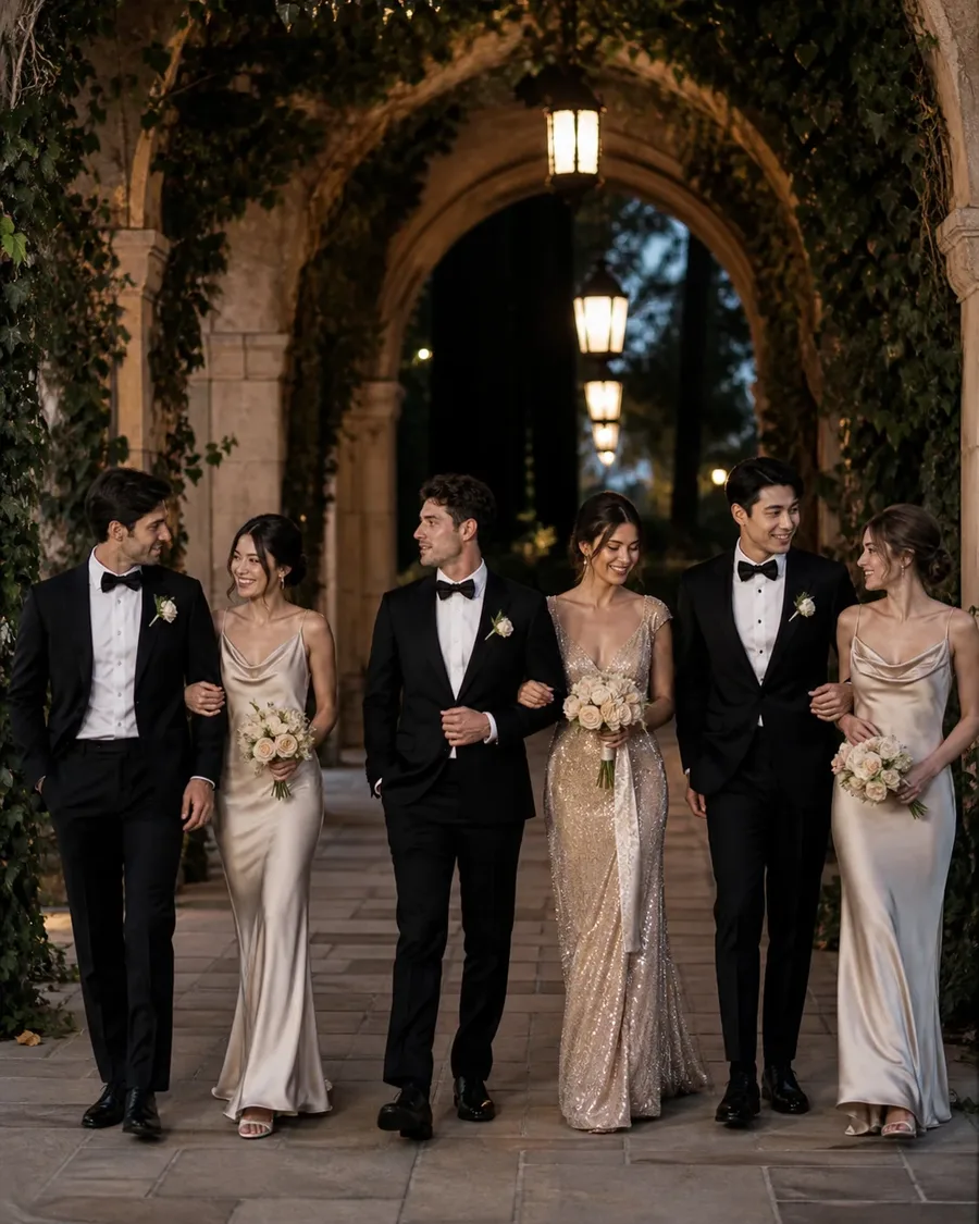 Wedding party in black and champagne formalwear walking through an ivy-covered stone arcade