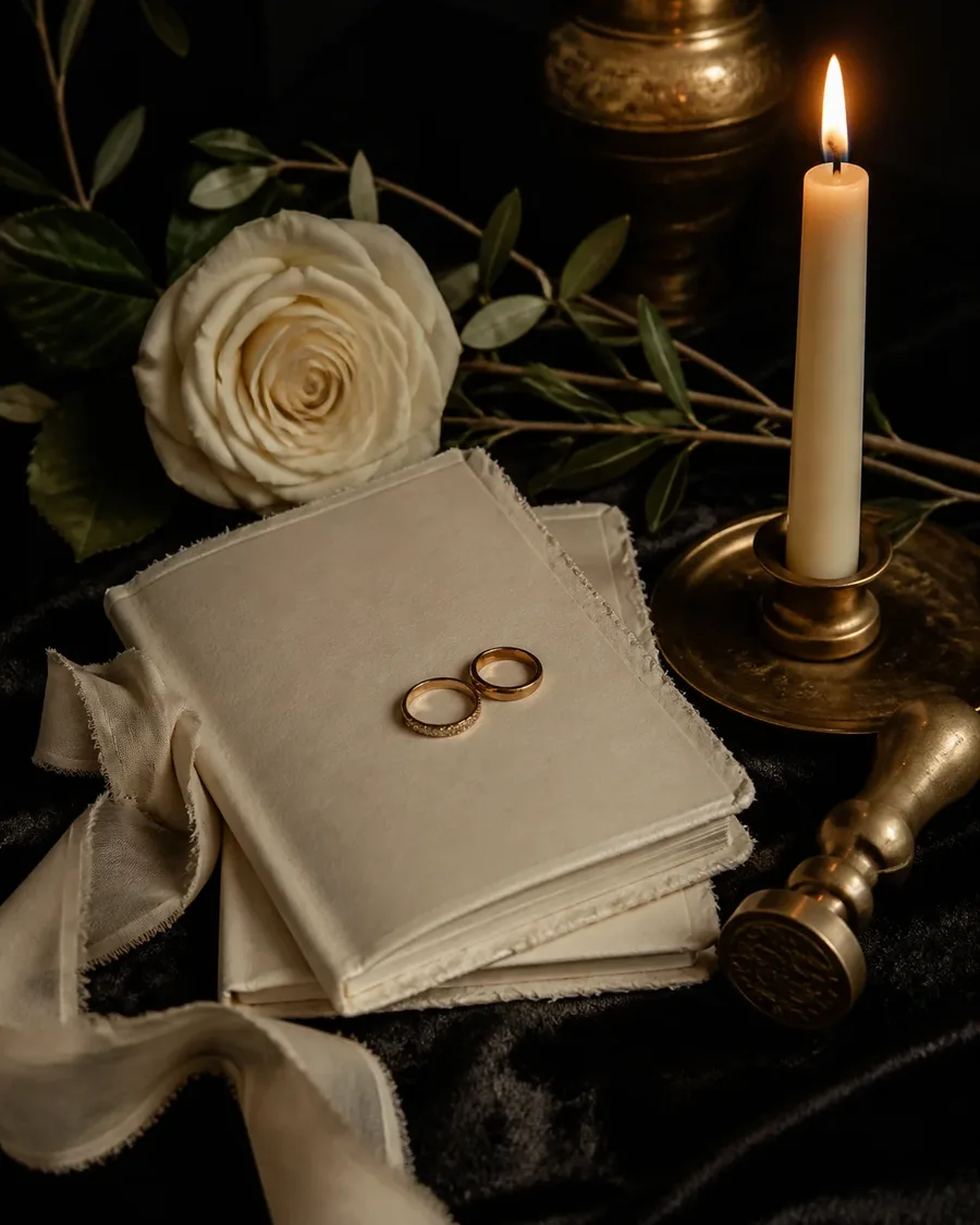 Wedding rings and ivory vow books on black velvet beside a rose and brass candle
