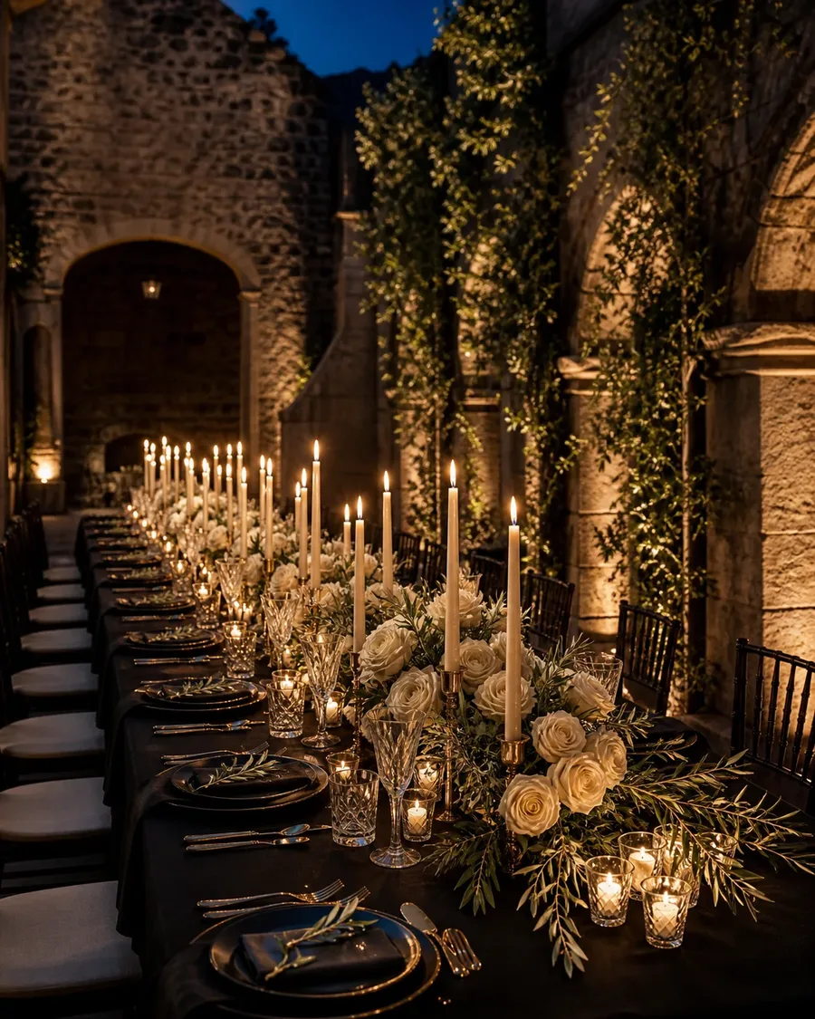 Long black-linen dinner table with ivory roses, olive branches, crystal, and taper candles