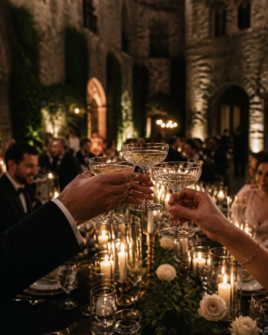 Crystal champagne coupes raised above an elegant candlelit courtyard dinner
