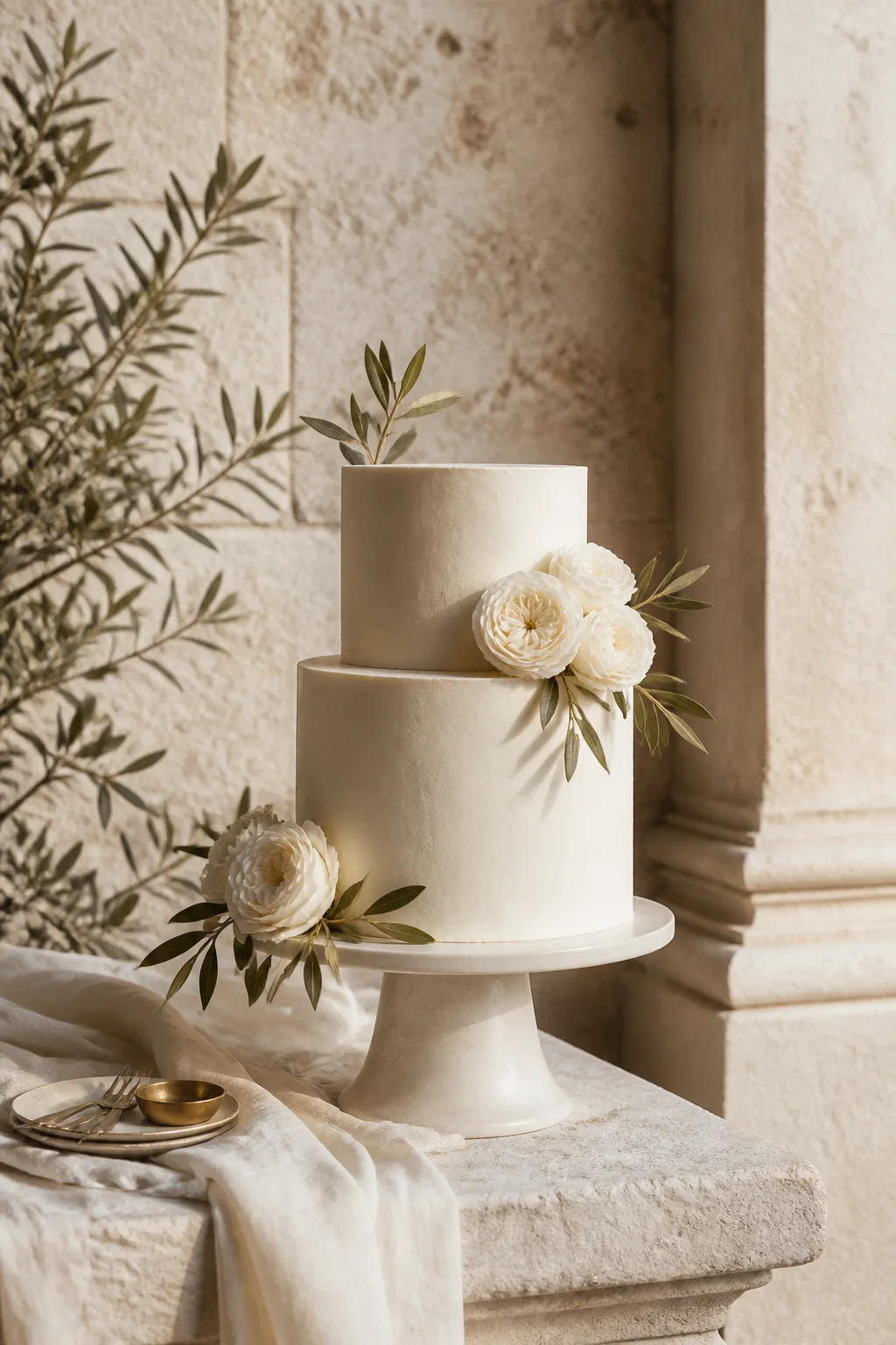 Minimal ivory wedding cake with white roses and olive leaves on a pale stone pedestal