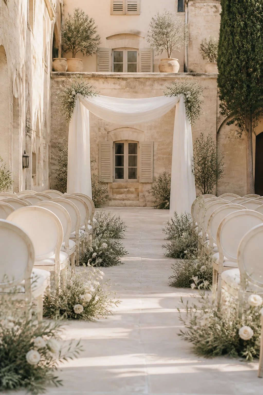Ivory chairs and white flowers arranged for a wedding ceremony in a limestone courtyard
