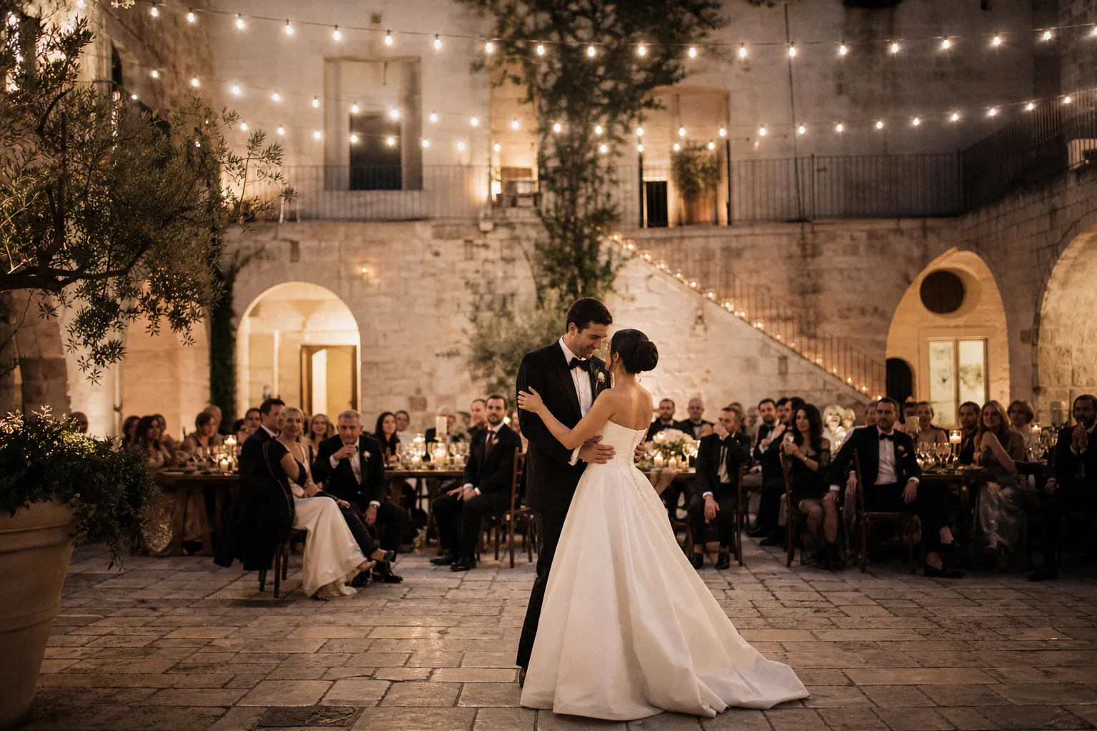 Newlyweds sharing their first dance beneath warm lights in a limestone courtyard