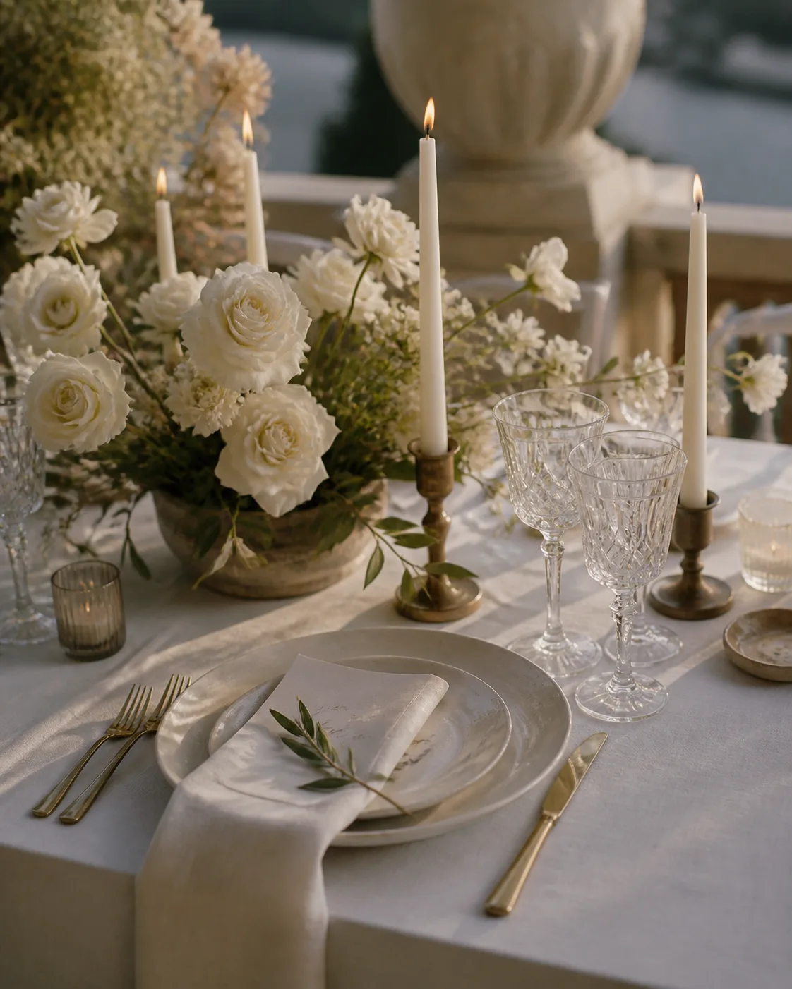 Ivory wedding table with white roses, candles, crystal glasses, and brass details