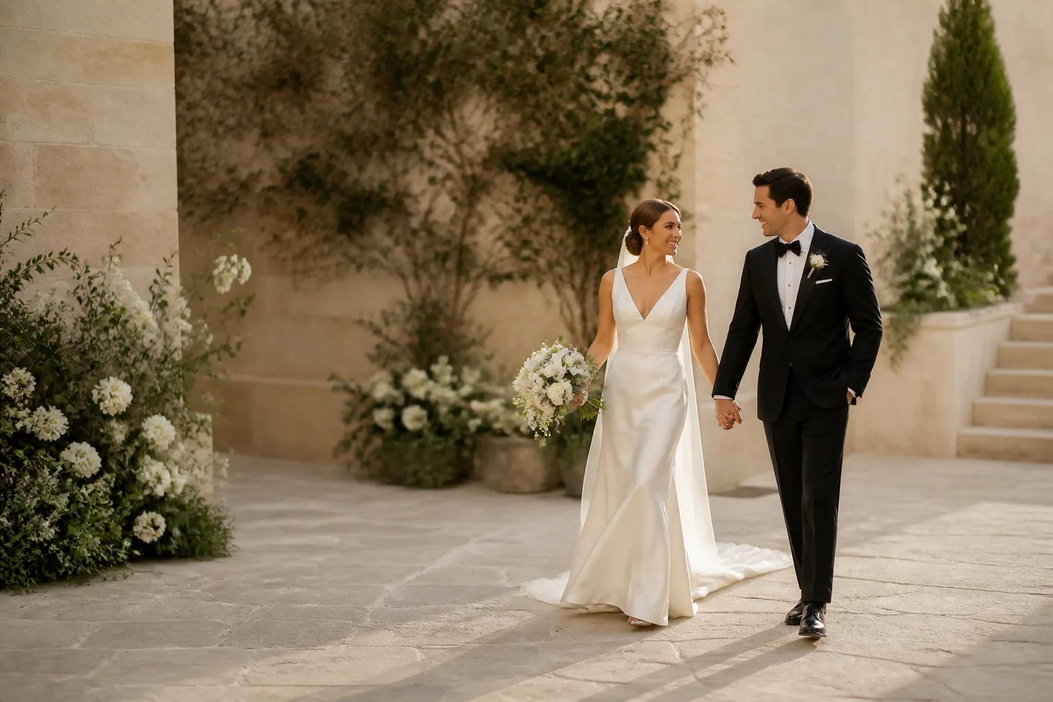 Amelia and James walking together through a sunlit stone courtyard