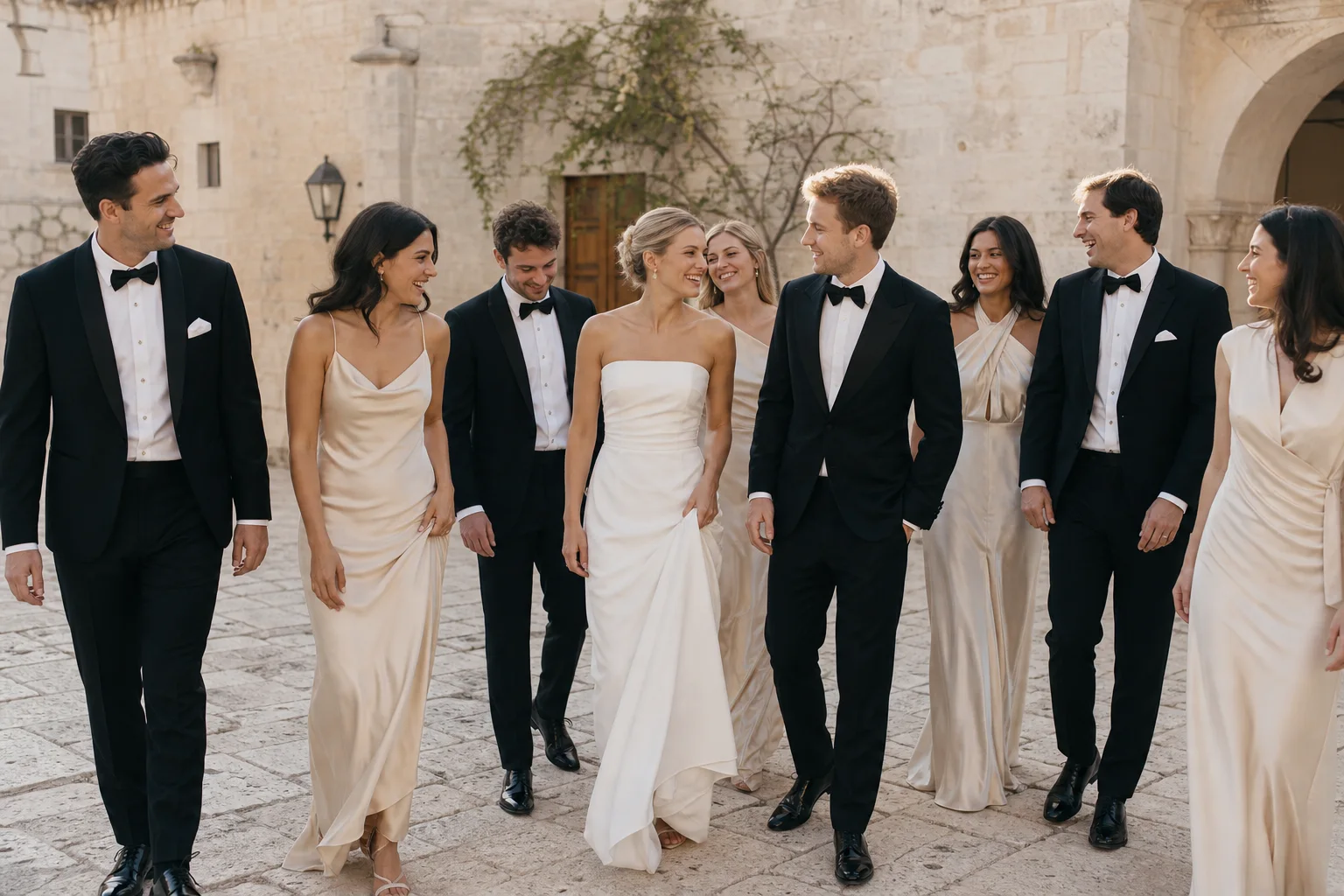 Wedding party in black, ivory, and champagne formalwear walking together through a sunlit courtyard