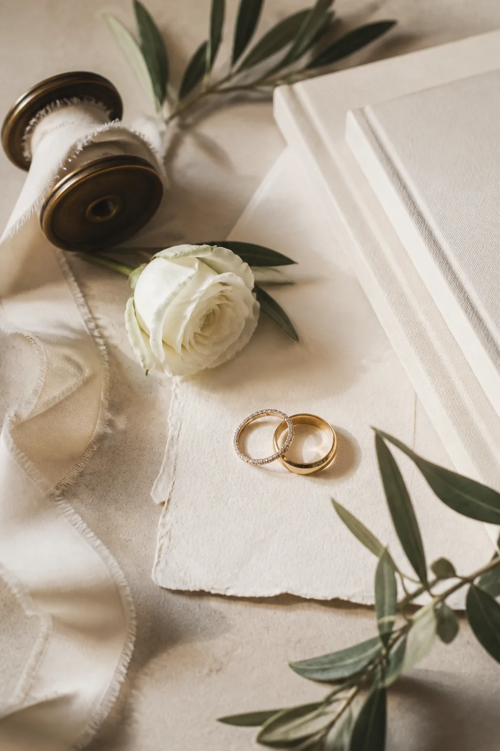 Wedding rings, ivory vow books, white rose, silk ribbon, and olive leaves in soft window light