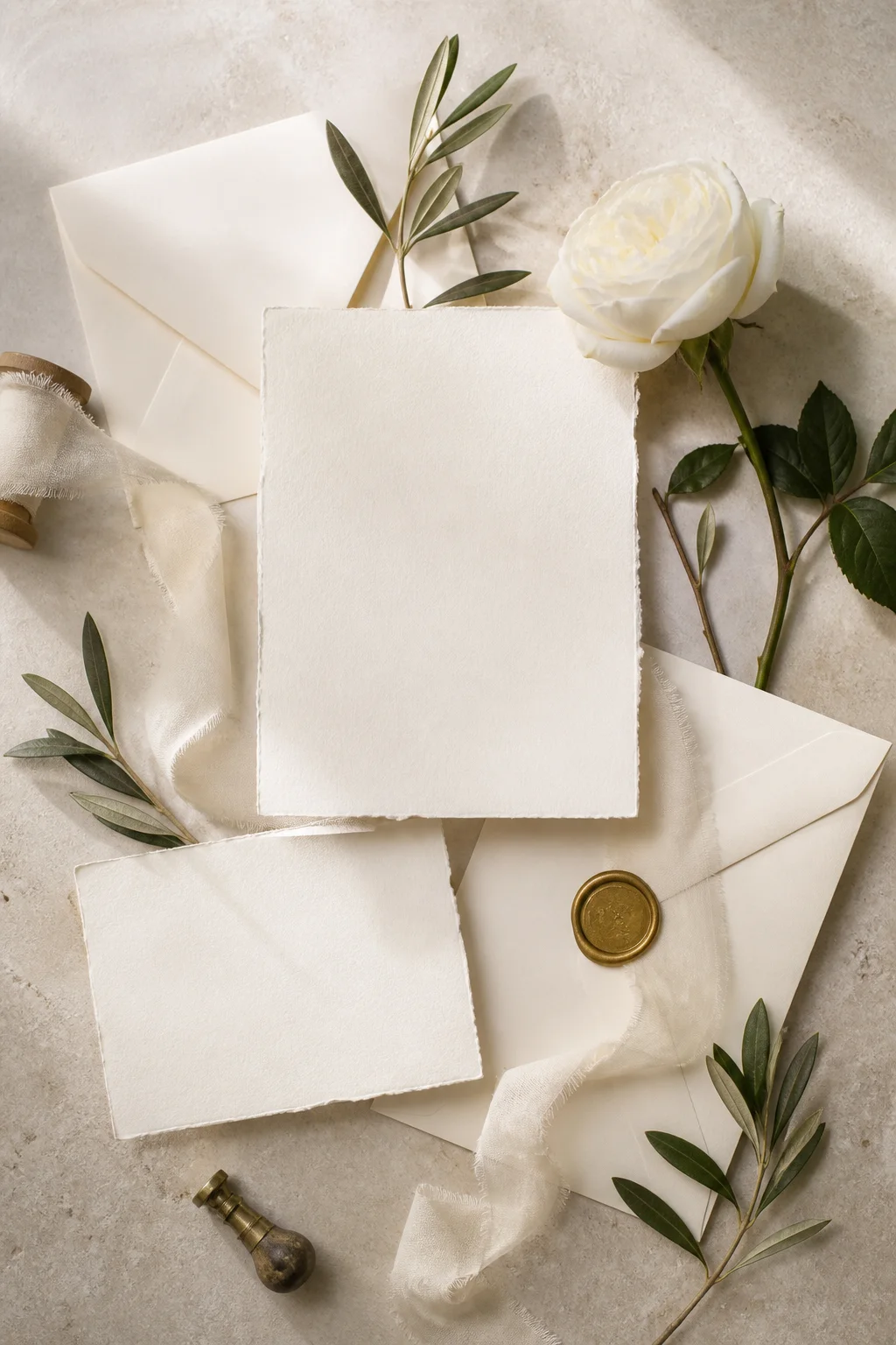Blank ivory wedding stationery with silk ribbon, a brass wax seal, olive leaves, and a white rose