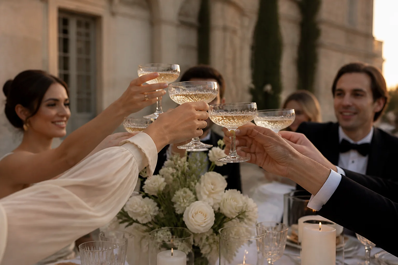 Wedding guests raising crystal champagne coupes at sunset in a stone courtyard