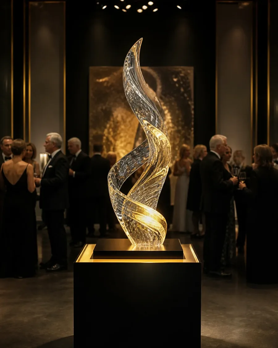 Luminous abstract glass sculpture displayed on a black pedestal at an evening gala
