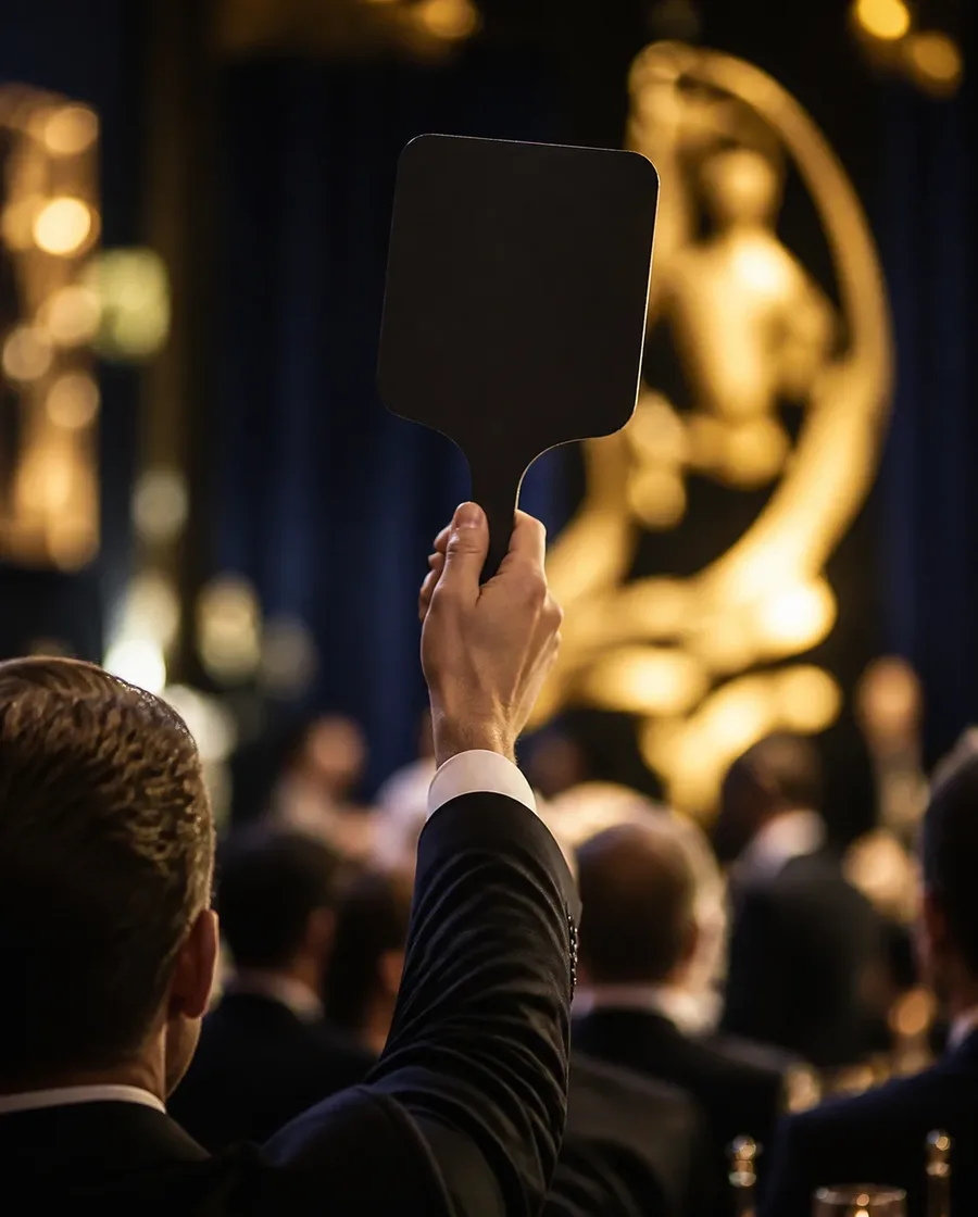 Guest raising a blank black auction paddle before a glowing gold art installation