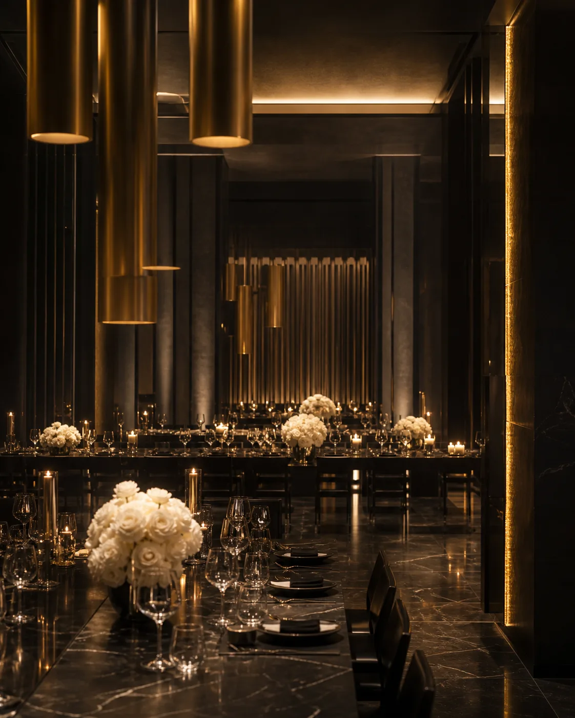 Black and gold formal dining room prepared with white flowers and candlelight