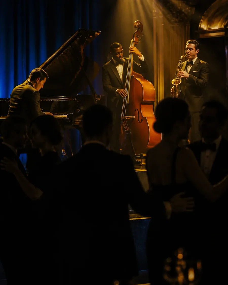 Jazz trio performing beneath blue shadows and gold spotlights for dancing gala guests