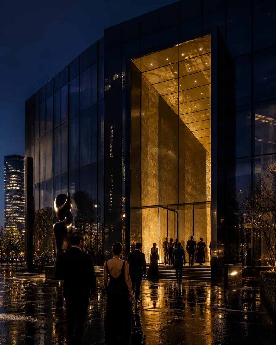 Black glass museum with a gold-lit entrance and formally dressed guests arriving at night