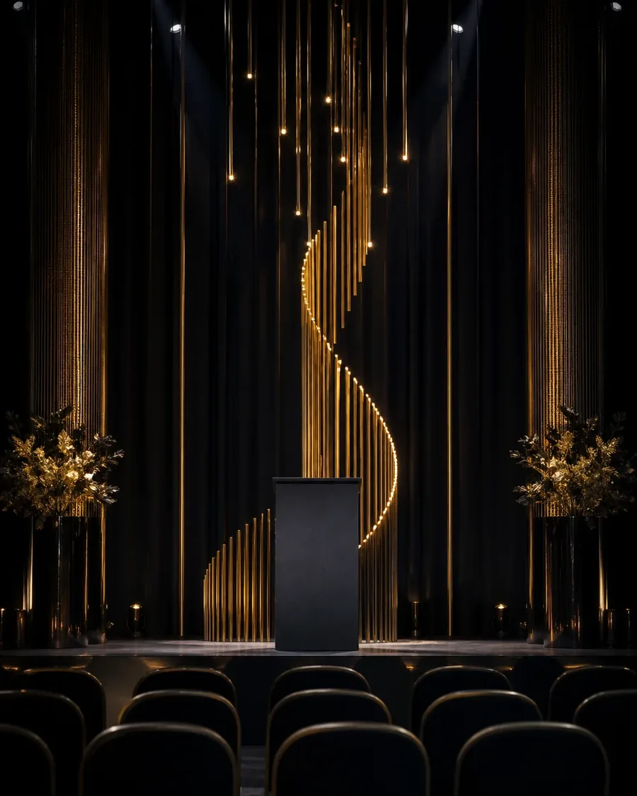 Minimal black gala stage with a blank podium and sculptural gold light installation