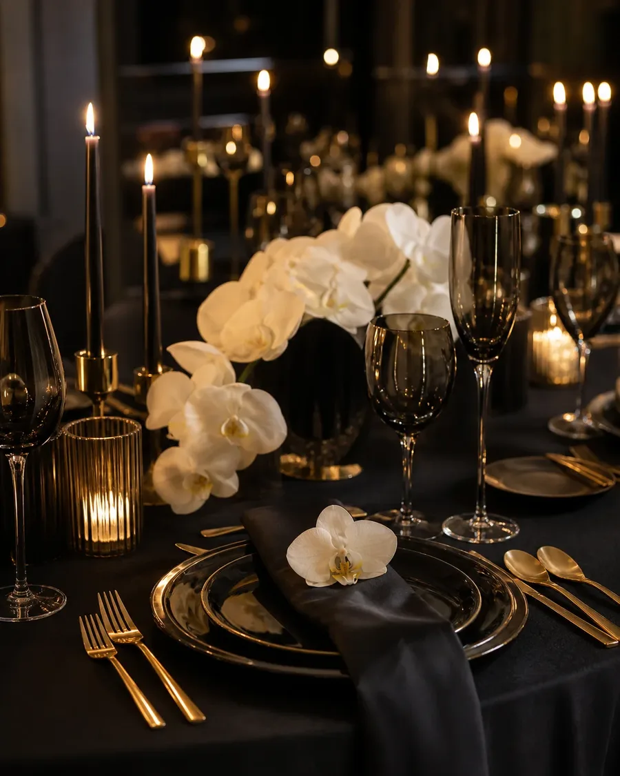 Black gala table setting with ivory orchids, smoked glass, gold flatware, and candles