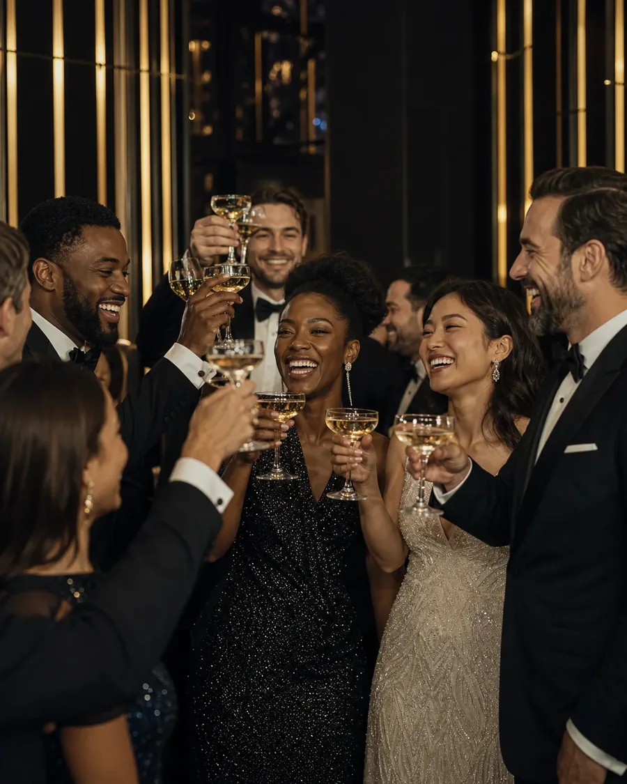 Black-tie gala guests raising champagne coupes beneath gold light bars