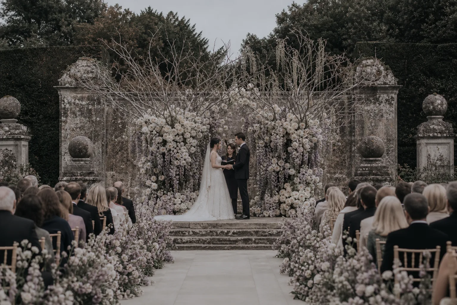 Newlyweds exchanging vows before guests in a formal garden filled with white flowers and pale branches