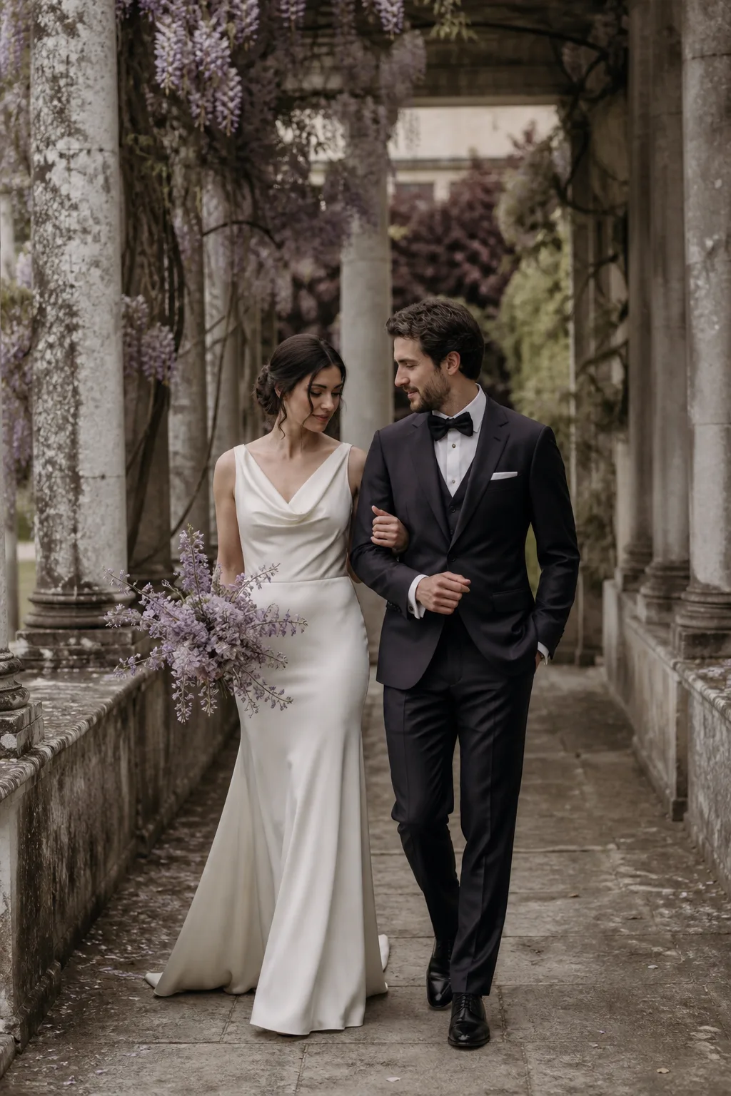 Newlywed couple walking through a weathered stone colonnade draped with wisteria