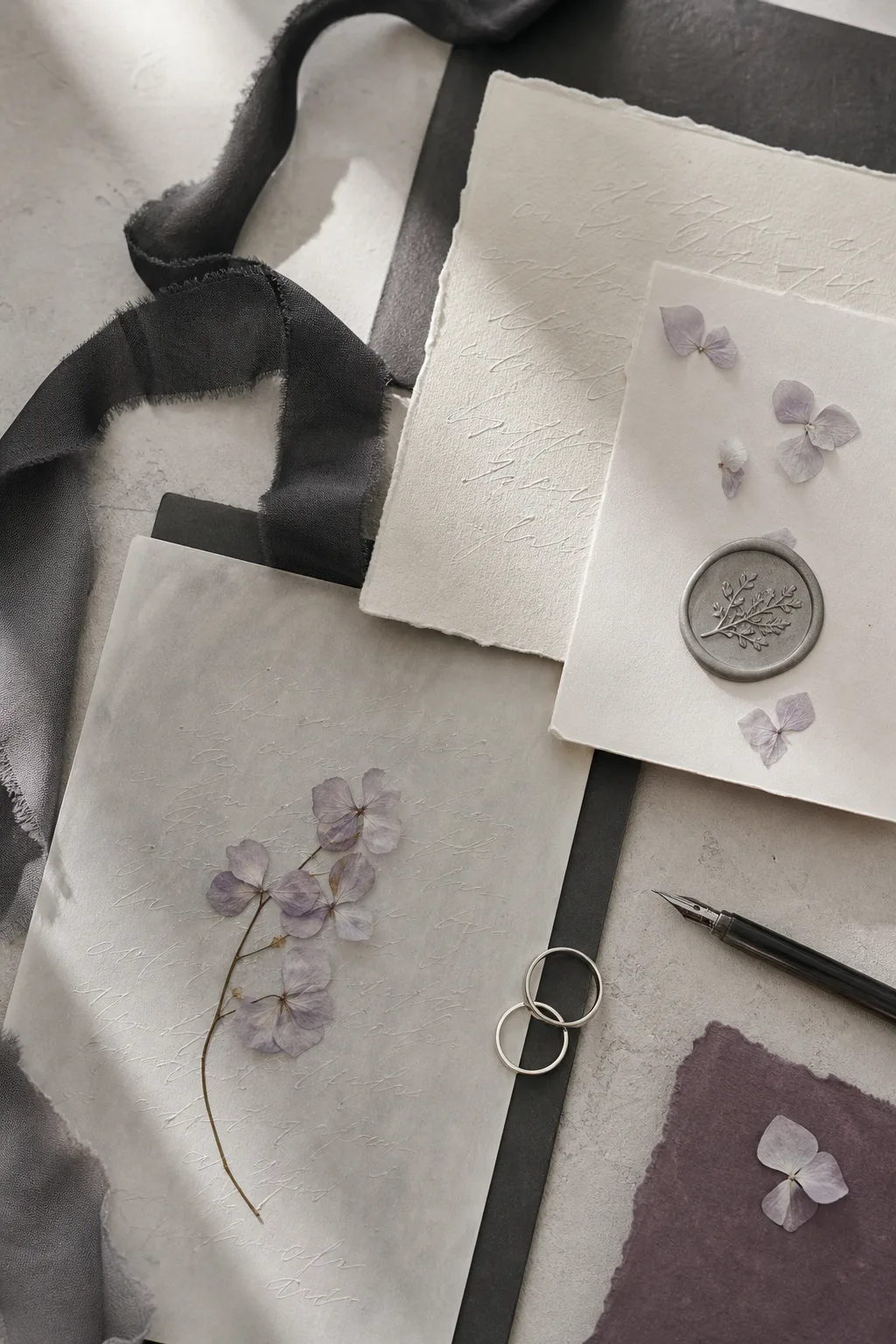 Ivory wedding stationery with charcoal ribbon, silver wax, pale pressed flowers, and wedding rings