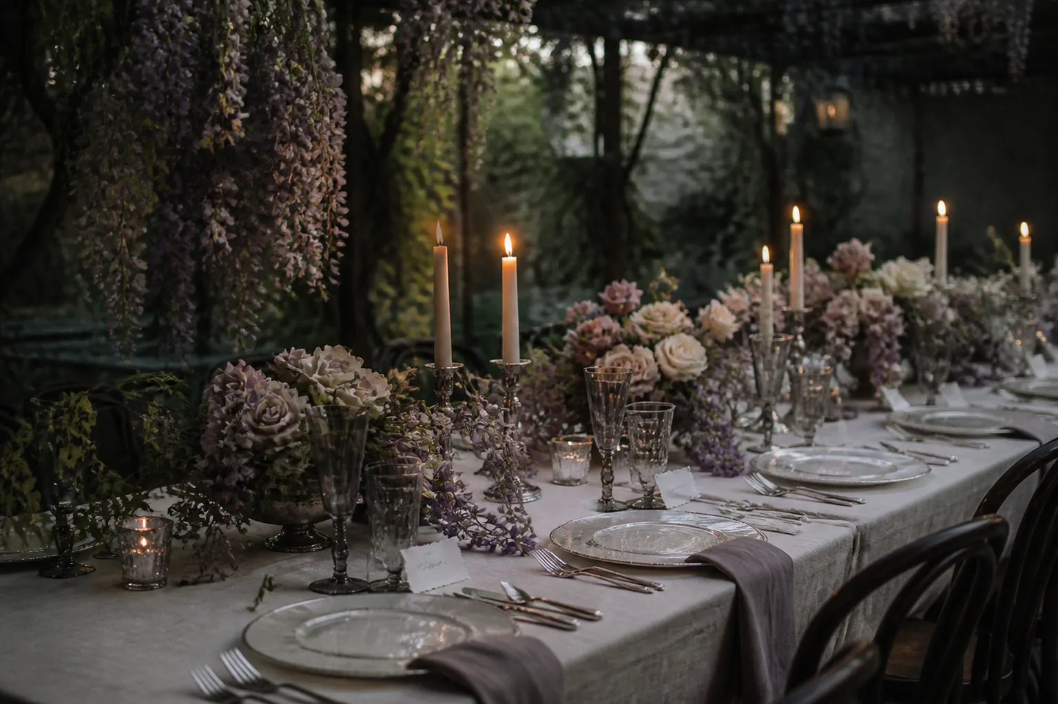 Candlelit reception table with ivory roses, pale wisteria, smoke-gray glassware, and linen