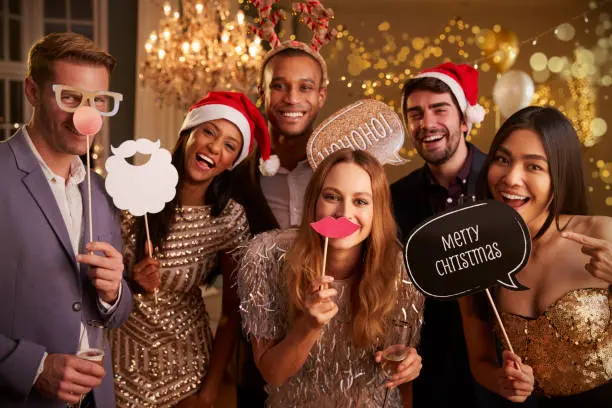 Modern photo booth setup with backdrop and props